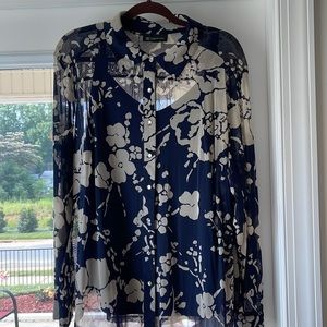 Navy and Off White Floral Print Sheer Long Sleeved Blouse.